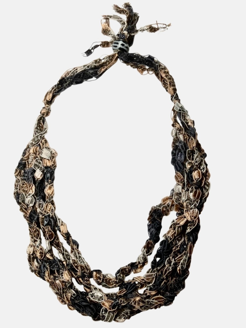 Five Strand Woven Ribbon Necklace in Tan/Grey/Black